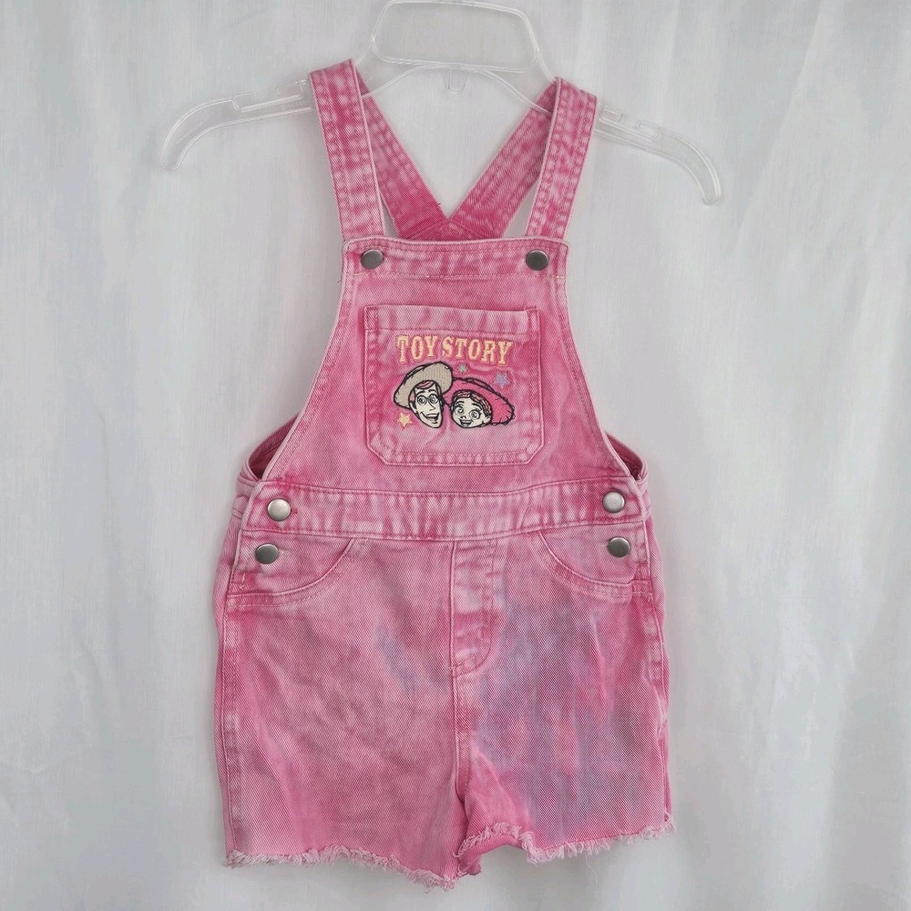 Toy Story Girls Pink Acid Washed Denim Overalls Shorts Woody Jessie Size 5T
